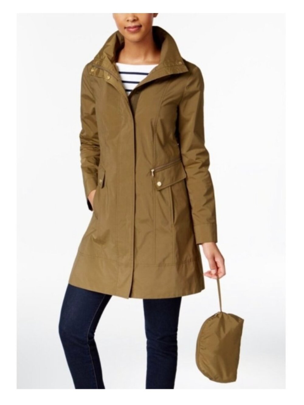 Cole Haan Signature Packable Hooded Rain Jacket Size XL Olive Back Bow $275
